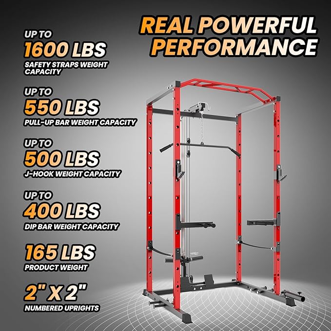 GarveeLife Power Cage, Multi-Function Squat Rack with LAT Pulldown, 1600 LBS Weight Capacity Fitness Power Rack with Cable Pulley System and j-Hooks, Dip Bars and Landmine Attachment for Home Gym
