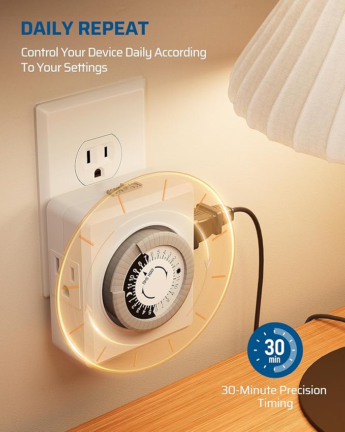 DEWENWILS24 Hour Cycle Plug-in Mechanical Timer, Indoor Timer for Electrical Outlets, 30-Minute Intervals, Dual 3 Prong Outlets, 125V 15A for Room Lights, Lamps, ETL Listed, 1 Pack