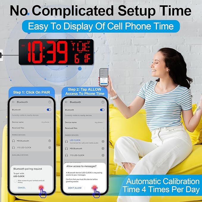 CYMHCHL Large Digital Wall Clock 17.2" Bluetooth Auto Time Sync Led Digital Clock Large Display 11 RGB Colors Auto-Dimming/DST Big Timer with Remote Control for Living Room Classroom Decor Garage Gym