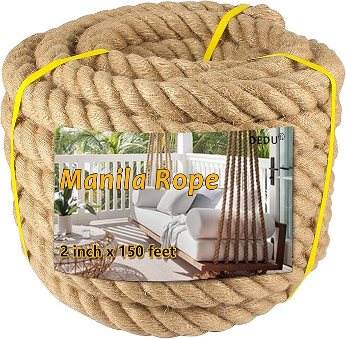 Manila Rope 2 Inch X 150 Ft, Hemp Rope 4 Strand Twisted, Natural Thick for Crafts Large Heavy Duty Multipurpose for Swing Bed, Camping, Tug of War, Docks, DIY Projects