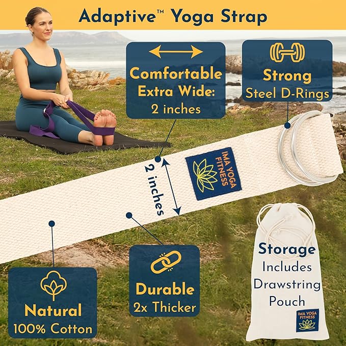 Adaptive Yoga Strap, Stretching Strap, 2 Inches Wide, 100% Naturally Soft Cotton, Steel D-Rings, Includes Natural Cotton Drawstring Storage Pouch and Instructional E-Book