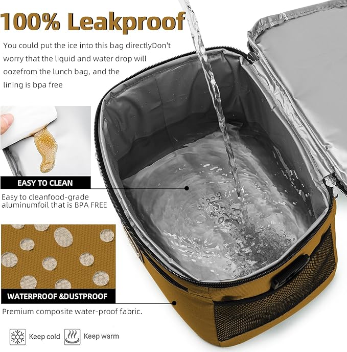 BEIMILY Lunch Box for Men/Women,Small Insulated Lunch Bag,Reusable LunchBox for work Picnic Hiking Beach,Leakproof Soft Cooler Tote Bag Organizer with Adjustable Shoulder Strap for Adults(Brown)