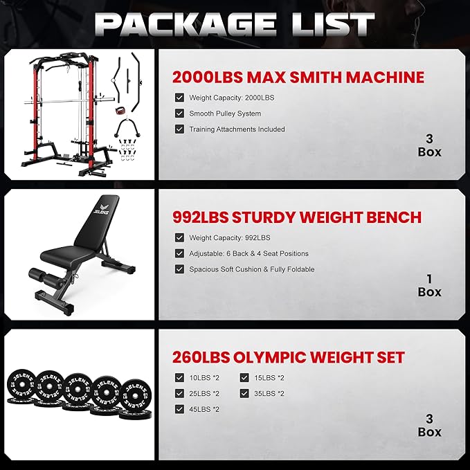JELENS SR01 Smith Machine, 2000LBS Multi-Function Power Cage with LAT Pulldown System, All-in-One Home Gym Squat Rack with Smith Bar and Training Attachments for Full Body Workouts