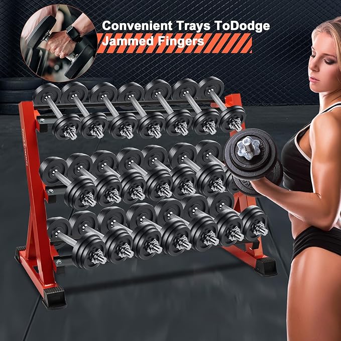 Dumbbell Rack 3 Tier Heavy Duty Weight Organizer Dumbbell Storage Stand Holder 1100lbs Capacity Quick Assembly Dumbbell Weight Storage Rack For Home Gym, Red (Rack Only)