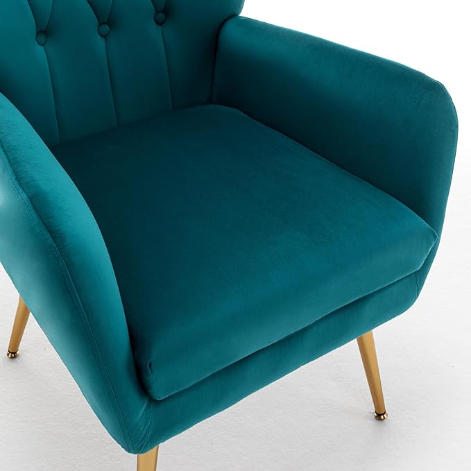Container Furniture Direct Modern Chic Mid-Century Velvet Accent Armchair for Living Room, Bedroom, or Home Office, Button-Tufted Wingback Design with Gold Flared Legs, Dark Teal