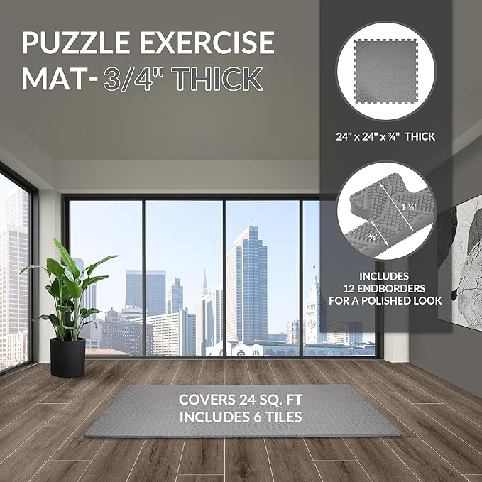 Fitvids Puzzle Exercise Gym Flooring Mat, 3/4" Thick High-Density EVA Interlocking Tiles Workout Mat for Home Gym, Fitness Equipment, MMA, Gymnastics, 6-Piece Shock-Absorbing Exercise Mat (24 Sq Ft)