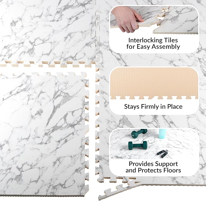 EVA Foam Floor Tiles 24-Pack - 96SQFT Puzzle Mat - Interlocking Foam Tiles for Baby Play Mat or Gym Flooring for Exercise by Stalwart (Faux Marble)