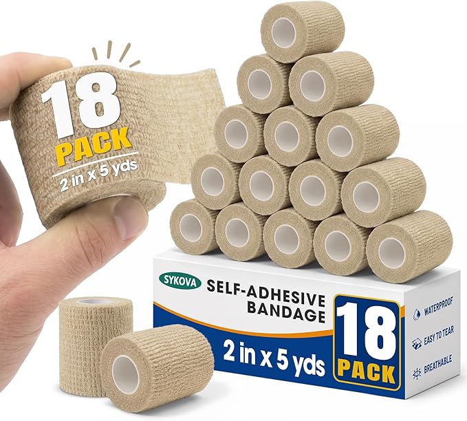 18 Pack Adhesive Bandage Wrap, Skin Color Self Adherent Bandage and 2 Inch Wide Cohesive Vet Wrap, Wrist Tape Baseball, Breathable and Flexible for Wrist Ankle Knee, Athletic Support