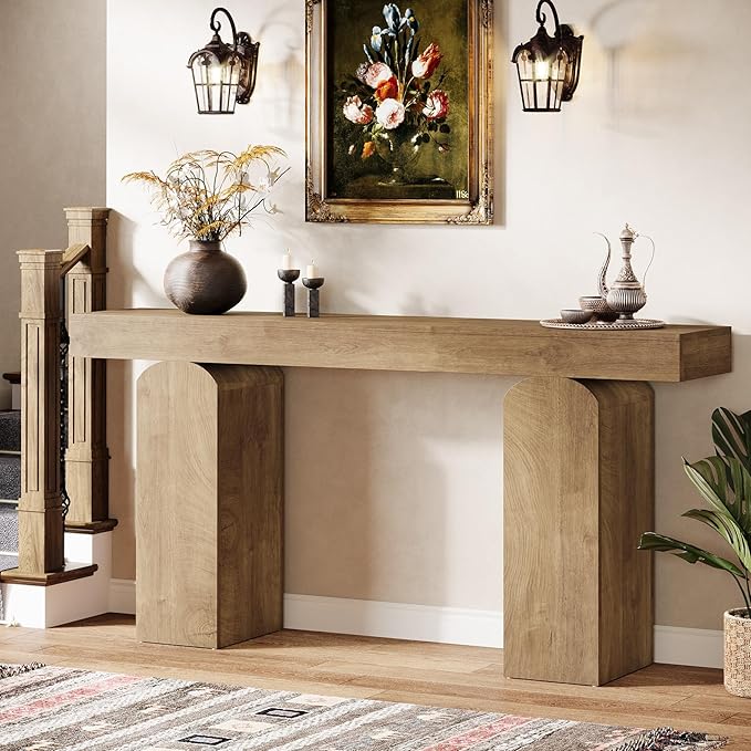 Tribesigns 63" Long Entryway Table, Farmhouse Console Table with 2 Arched Pedestal Legs, Wooden Sofa Console Behind The Couch for Entrance, Hallway, Living Room (Natural)