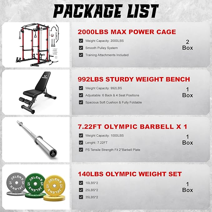 JELENS C12 Squat Rack for Home Gym, 2000LBS Power Rack with Adjustable Pulley System, Power Cage Workout Equipment with LAT Pulldown and Training Attachment