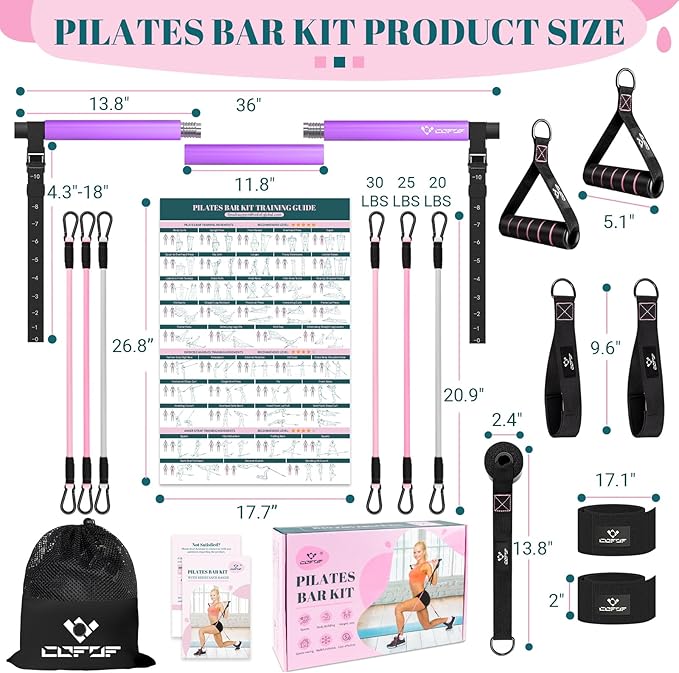 COFOF Pilates Bar Kit with Resistance Bands, Multifunctional Yoga Pilates Bar with Heavy-Duty Metal Adjustment Buckle, Portable Home Gym Pilates Resistance Bar Kit for Women Full Body Workouts