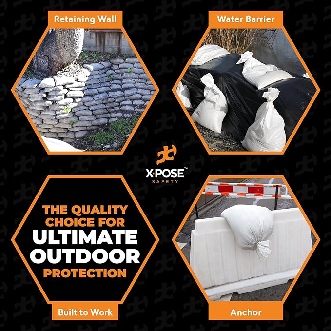 Xpose Safety Heavy Duty Sand Bags with Tie Strings – Empty Woven Polypropylene Sandbags for Hurricane Flood Protection, 100 lb Capacity, 14" x 26", White, Bulk Half Pallet Pack of 4000