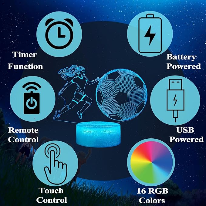 Soccer Night Light, Soccer Gifts for Girls, 3D Illusion Lamp with Remote, Timer, 16 Colors Changing, RGB Flashing Mode and Dimmable, Gifts for Girls Christmas Holiday