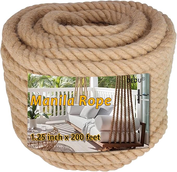 Manila Rope 1.25 Inch X 200 Ft, Hemp Rope 4 Strand Twisted, Natural Thick for Crafts Large Heavy Duty Multipurpose for Swing Bed, Camping, Tug of War, Docks, DIY Projects