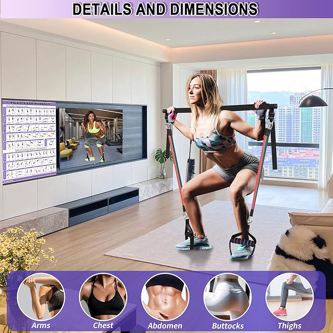 Goocrun Portable Pilates Bar Kit with Resistance Bands for Men and Women - 3 Set Exercise Resistance Bands - Multifunctional Home Gym - Supports Full-Body Workouts – with Fitness Poster and Video