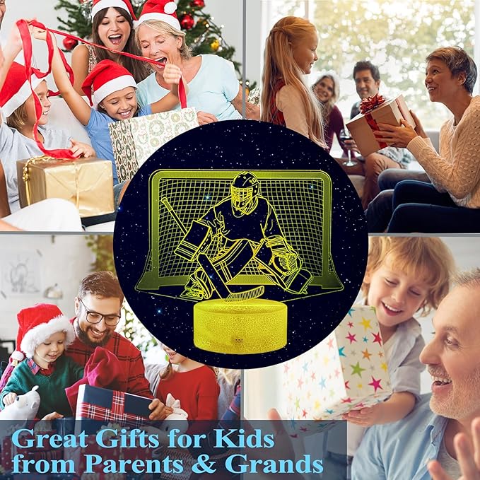 Hockey Night Light, Hockey Goalie Gifts, 3D Illusion Lamp with Remote Control, 16 Colors Changing, RGB Flashing Mode, Timer and Dimmable, Hockey Gifts for Boys Christmas Decor