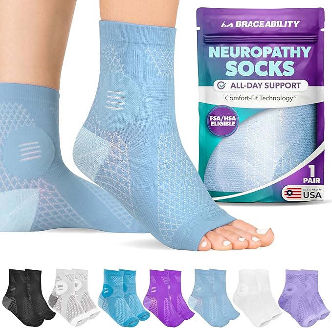 BraceAbility Neuropathy Socks (Pair) - Peripheral Neuritis Compression Diabetic Toeless Foot Sleeves for Nerve Damage Pain in Feet, Ankle Gout, Plantar Fasciitis Relief Brace for Men and Women (XL - Light Blue)