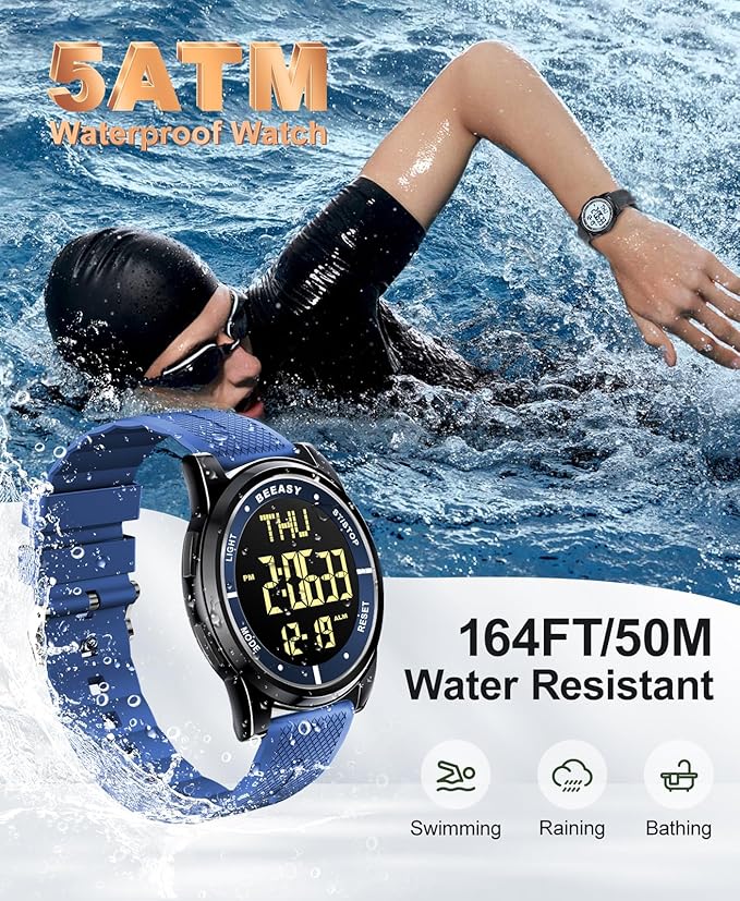 Beeasy Digital Watch for Men Women, 50M Waterproof, Ultra-Thin & Lightweight, 44mm Silicone Sports Watch with Alarm, Stopwatch, Countdown, Ideal for Gym, Running, School, Daily Wear