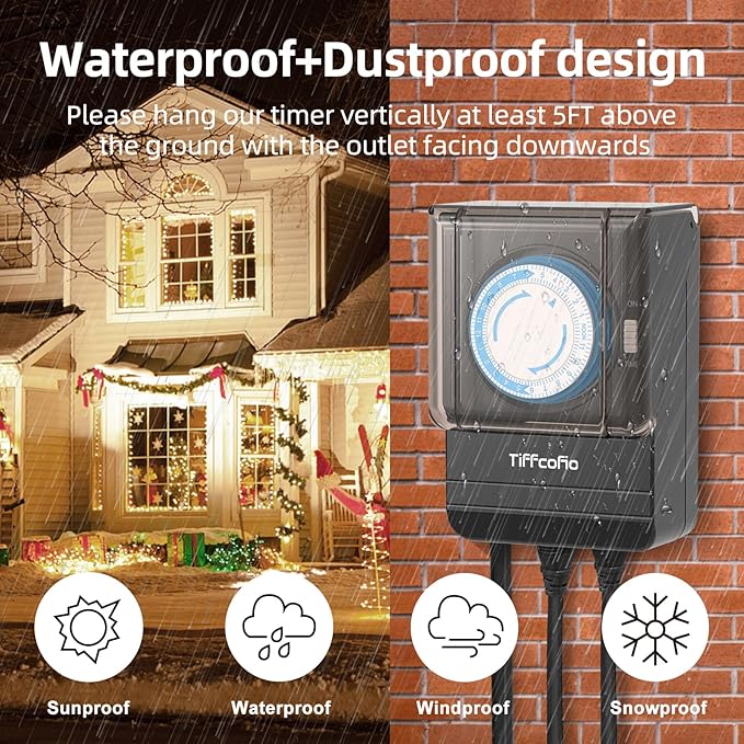 TiFFCOFiO Outdoor Heavy Duty Mechanical Timer Outlet Waterproof, 15 Minutes Intervals, 24 Hour Outdoor Pool Pump Timer with 2FT Cord, 2 Grounded Outlets for Outdoor Lights, 15A/1875W