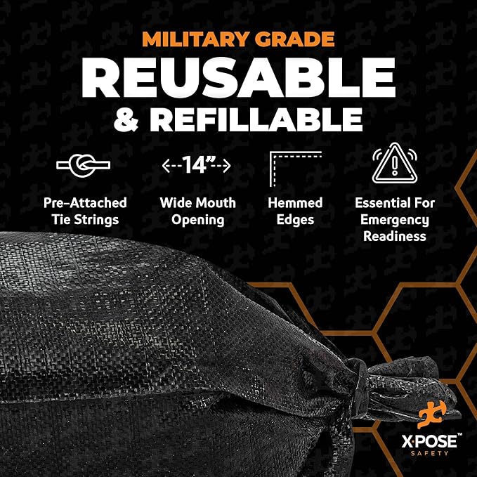 Xpose Safety Heavy Duty Sand Bags with Tie Strings – Empty Woven Polypropylene Sandbags for Hurricane Flood Protection, 100 lb Capacity, 14" x 26", Black, Pack of 25