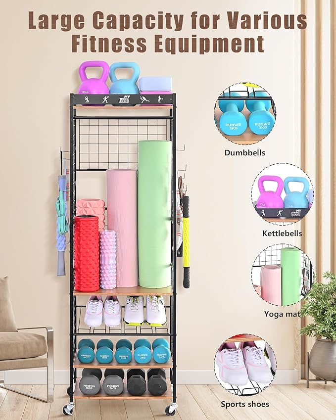 Mythinglogic Weight Rack for Dumbbells, Home Gym Storage for Yoga Mat Dumbbells Kettlebells and Strength Training Equipment, Dumbbell Rack with Wheels and Hanging Hooks