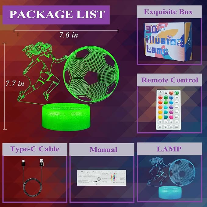 Soccer Night Light, Soccer Gifts for Girls, 3D Illusion Lamp with Remote, Timer, 16 Colors Changing, RGB Flashing Mode and Dimmable, Gifts for Girls Christmas Holiday