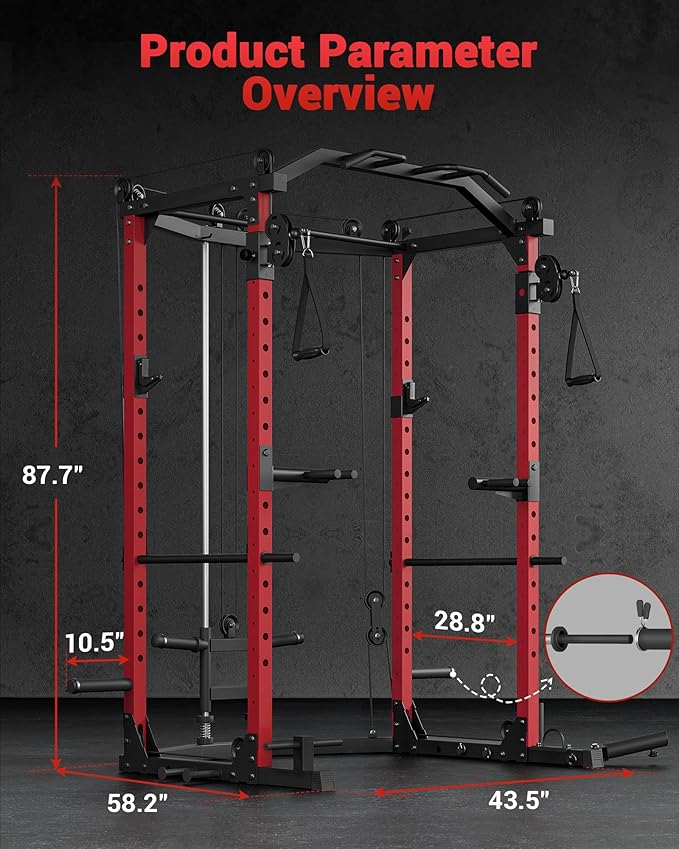 GarveeLife Power Cage, Multi-Functional Power Racks for Home Gym with Cable Crossover System, 1600 LBS Weight Capacity Fitness Squat Rack for Strength Workout with More Training Attachment, Red