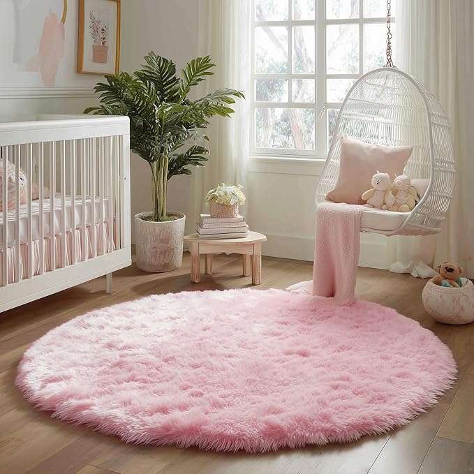 Amdrebio Light Pink Round Circle Rug 4Ft for Girls Bedroom, Fluffy Cute Area Rugs for Kids Room Decor Aesthetic, Kawaii Shag Fuzzy Fur Carpet for Nursery, Preppy Dorm, Classroom, Playroom, Teen, Baby