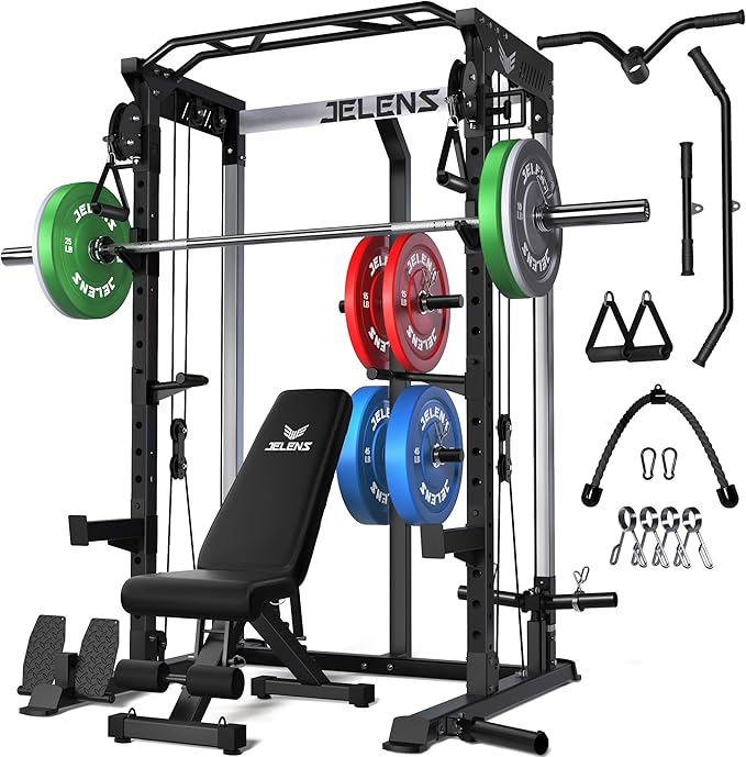 JELENS C21 Power Cage, 2000LBS Multi-Function Power Rack with Independent Dual Pulley System, All-in-One Squat Rack for Cable Crossover, Home Gym Workout Machine
