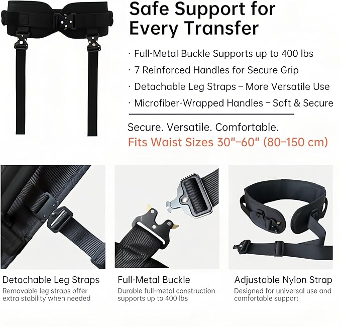 Gait Belt, Upgraded with Metal Buckle & Detachable Leg Straps, 7 Reinforced Handles, Transfer & Lift Belt for Seniors & Elderly, Walking Support and Mobility Assistance (Black, Medium)
