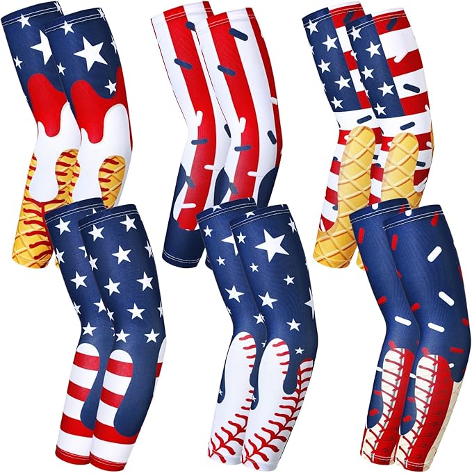 Shyyween 6 Pair Ice Cream Drip Baseball Arm Sleeve Youth Cross Sun Protection Compression Arm Sleeve American Flag Sport Gift