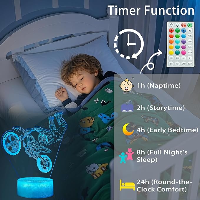 Dirt Bike Night Light, Dirt Bike Gifts for Boy, 3D Illusion Lamp with Remote Control, 16 Colors Changing, RGB Flashing Mode and Dimmable, Gifts for Boys Christmas Decor