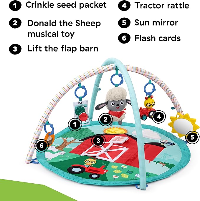 Baby Einstein Ingenuity Farm Explorers Happy Harvest Touch & Feel Baby Play Gym & Mat with 5 Removable Toys, 20+ Songs & Sounds, Ages 0+ Months