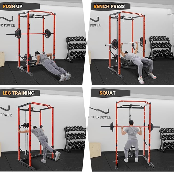 GarveeLife Power Cage, Multi-Function Squat Rack with LAT Pulldown, 1600 LBS Weight Capacity Fitness Power Rack with Cable Pulley System and j-Hooks, Dip Bars and Landmine Attachment for Home Gym