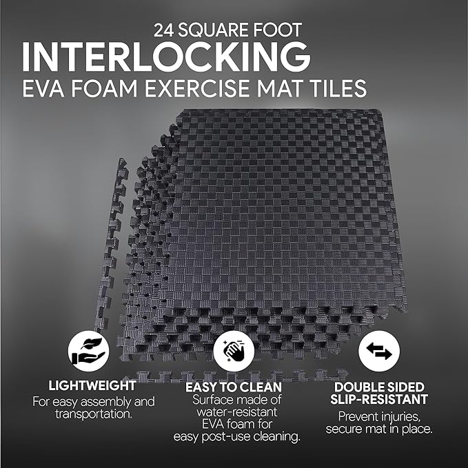 BalanceFrom Puzzle Exercise Mat 1' Thick, EVA Interlocking Foam Floor Tiles for Home Gym, Mat for Home Workout Equipment, Floor Padding for Kids, Black, 24 in x 24 in x 1 in, 24 Sq Ft - 6 Tiles