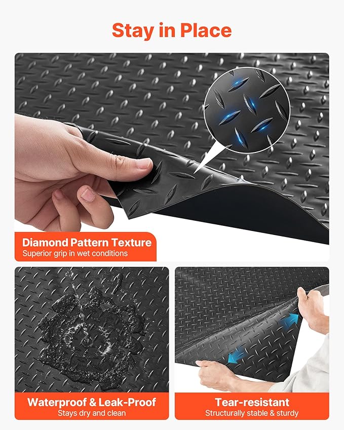 VEVOR Garage Floor Roll, 7.5 x 17 ft Garage Flooring Mat, 2.2 mm Thickened PVC Diamond Plate Floor Protector Mat with Double-Sided Tape, Non-Slip, Easy to Clean for Warehouse, Gyms, Trailer, Black