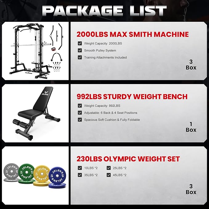 JELENS SR01 Smith Machine, 2000LBS Multi-Function Power Cage with LAT Pulldown System, All-in-One Home Gym Squat Rack with Smith Bar and Training Attachments for Full Body Workouts