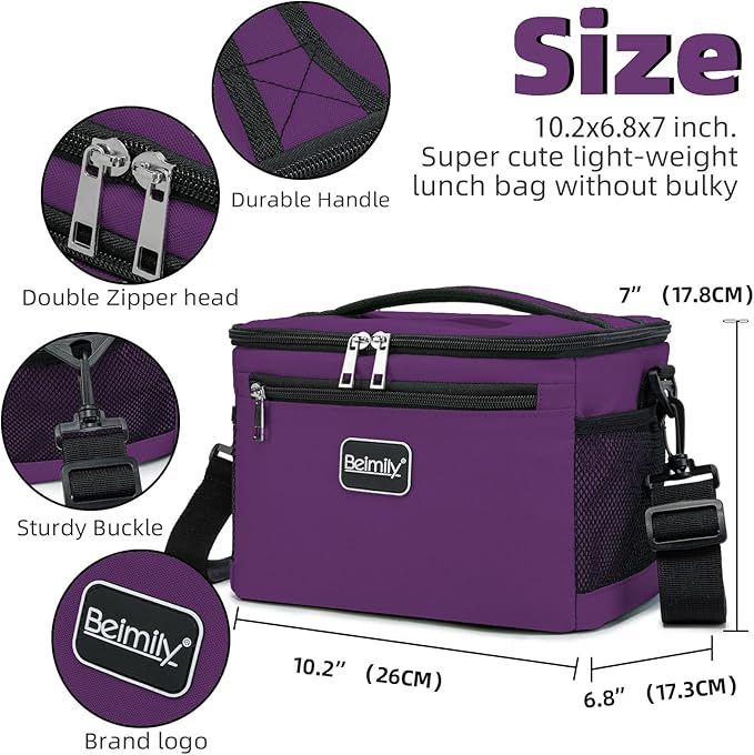 BEIMILY Lunch Box for Men/Women,Small Insulated Lunch Bag,Reusable LunchBox for work Picnic Beach,Leakproof Soft Cooler Tote Bag Organizer with Adjustable Shoulder Strap for Adults(Dark Purple)