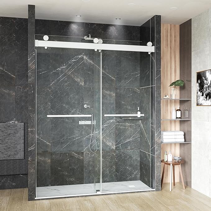 56-60" W x 76" H Shower Door,Frameless Shower Door,Double Sliding Glass Shower Door with 3/8" (10mm) Clear SGCC Tempered Glass, Roller Disc System (Brushed Nickel, 60" Wx76 H-Double Sliding)