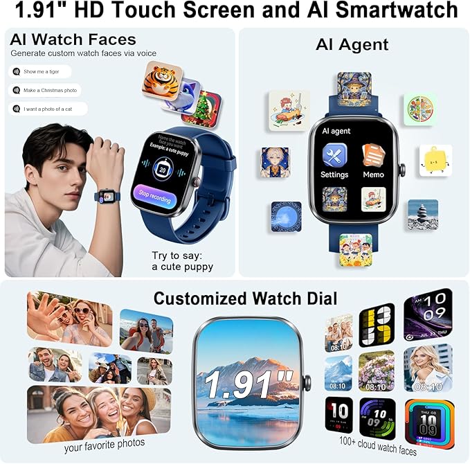 uaue AI Smart Watch with ChatGPT, 1.91" Bluetooth Calling Smartwatch for Men Women, 110+ Fitness Modes Activity Tracker, Sleep/Heart Rate/Calorie, IP68 Waterproof Step Counter for Android iOS