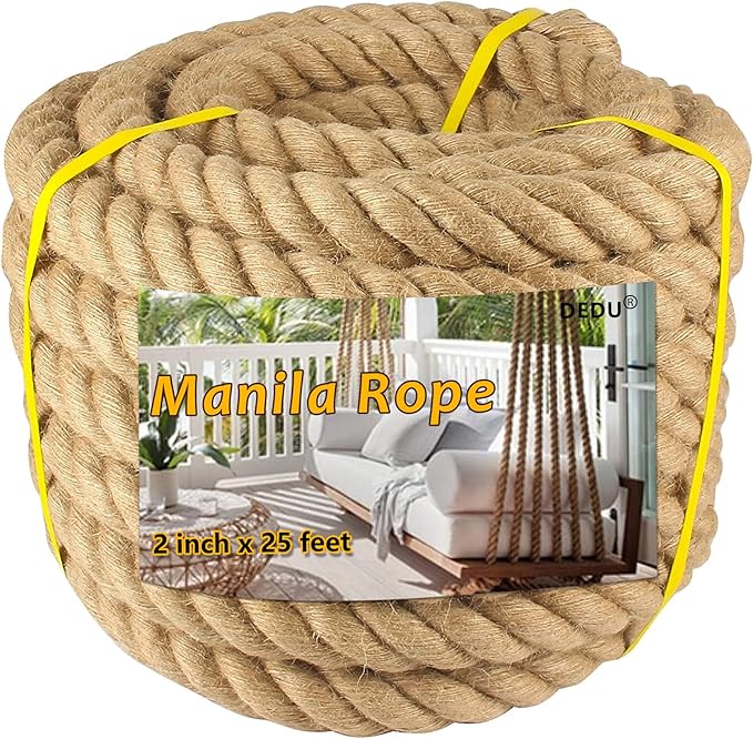 Manila Rope 2 Inch X 25 Ft, Natural Hemp Rope 4 Strand Twisted, Large Thick for Crafts Heavy Duty Multipurpose for Swing Bed, Camping, Tug of War, Docks, DIY Projects.