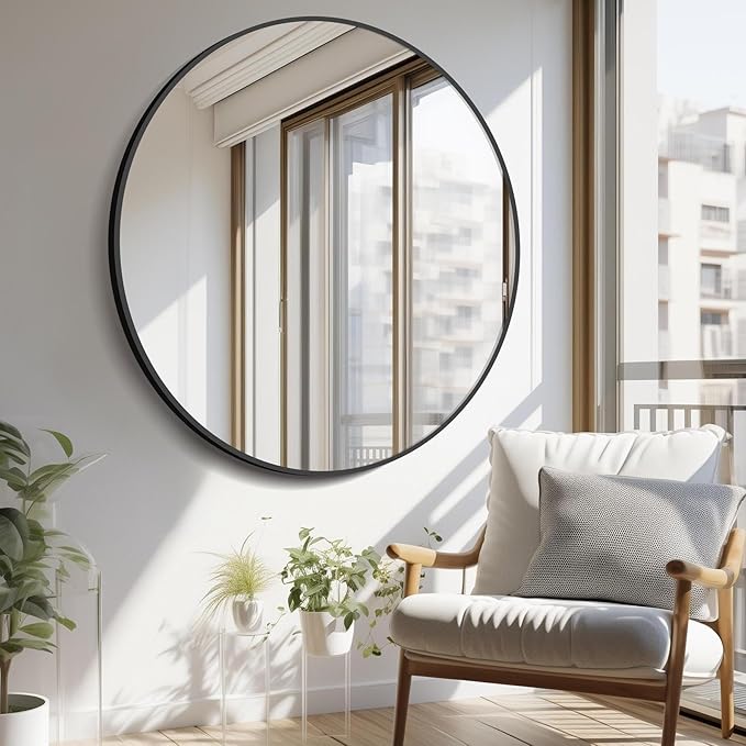 Black Round Mirror, 48 inch Large Circle Mirrors, Oversized Round Bathroom Mirrors, Aluminum Metal Frame Big Round Mirror, Huge Circluar Wall Mirror for Bathroom Living Room Entryway Bedroom