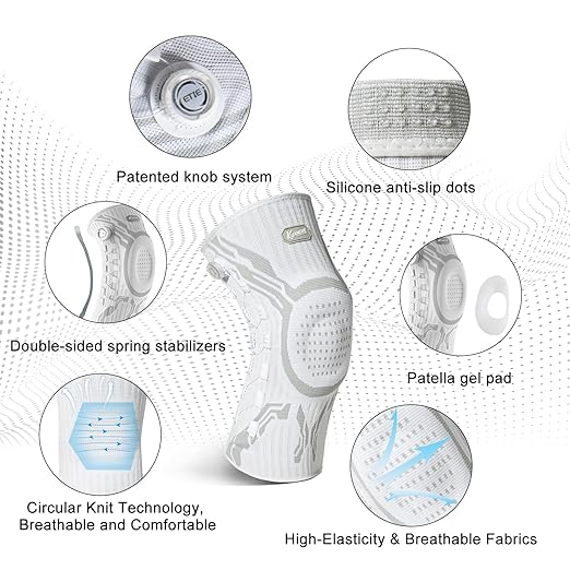 Kuangmi Knob Knee Brace for Pain Relief, Knee Support with Patella Gel Pad & Side Stabilizers, Compression Knee Sleeve for Workout, Arthritis, Joint Pain, Meniscus Tear (White,Left,X-Large,Single)