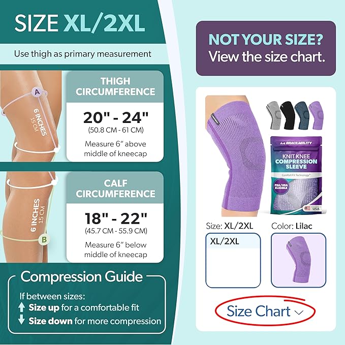 BraceAbility Knee Compression Sleeve - Knit Knee Pain Brace for Men or Women, Arthritis Relief, Meniscus Tear, Running, Workout, Sports, Swelling, Athletic Support for Joint Stability (Lilac, XL/2XL)