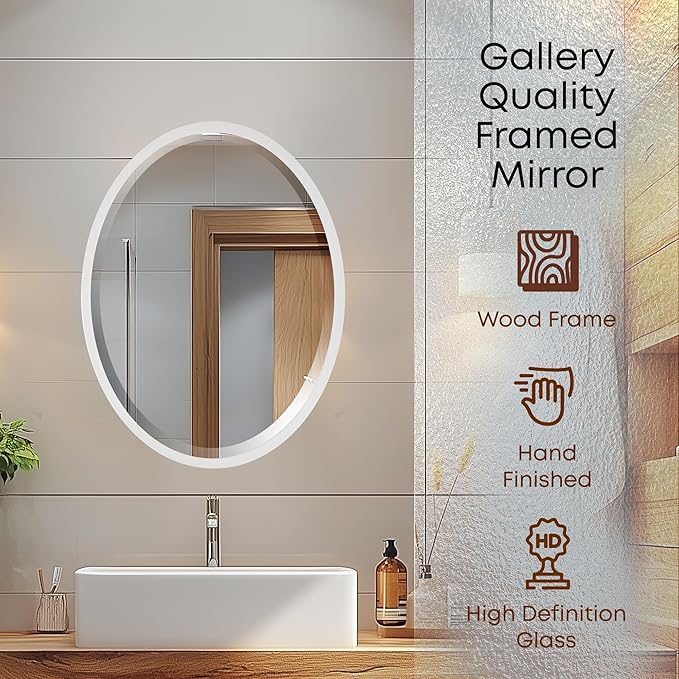 OVALCREST - Oval Wooden Beveled Wall Mirror for Home Decor, Bathroom, Vanity, Bedroom, Living Room, Hallway - London Style (Linen White) 21.1 x 25.1