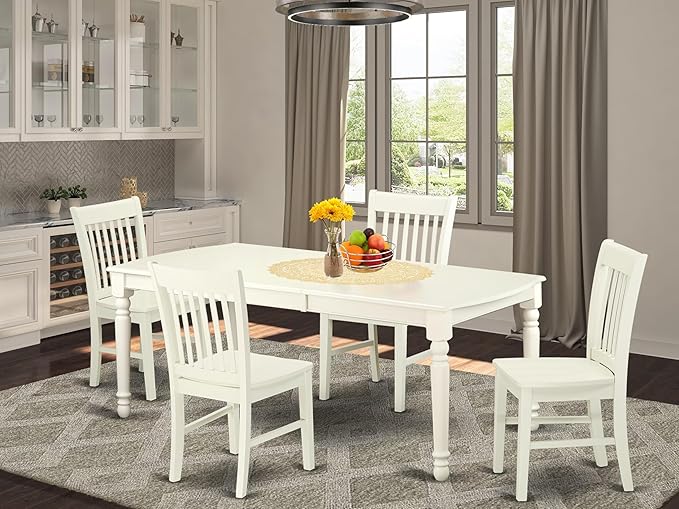 East West Furniture DONO5-LWH-W 5 Piece Dining Set Includes a Rectangle Dining Room Table with Butterfly Leaf and 4 Wood Seat Chairs, 42x78 Inch, Linen White