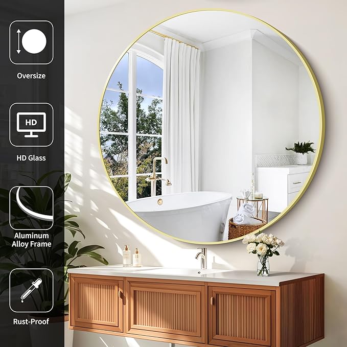Gold Round Mirror, 48 inch Large Circle Mirrors, Aluminum Metal Frame Big Round Bathroom Mirror, Oversized Circle Mirror, Huge Circular Mirrors for Wall Bathroom Entryway Bedroom Living Room