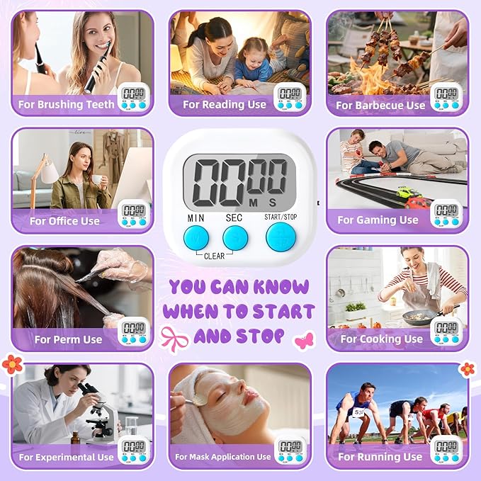 24 Pcs Multi-Function Electronic Timer Small Digital Kitchen Timer Digital Timer with Stickers Magnetic Back for Cooking Classroom Study Gym with Countdown/Up Mode,White