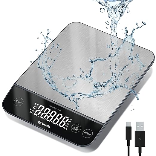 Etekcity Digital Food Kitchen Scale, Grams and Oz for Weight Loss, Baking and Cooking, 0.05oz/1g Precise Graduation,5 Weight Units, IPX6 Waterproof, USB Rechargeable,304 Stainless Steel-Silver, 22lb