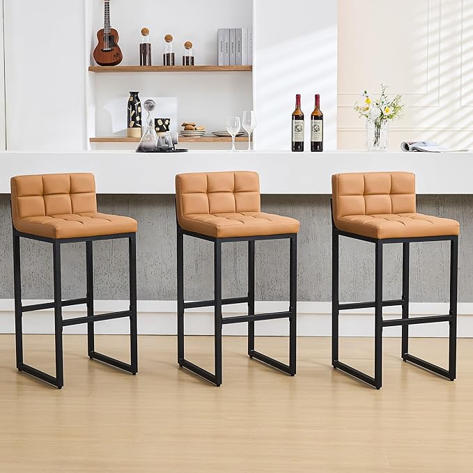 Set of 3 Bar Stools, PU Leather Barstools, 30" Modern High Counter Stools with Back and Thickened Metal Legs, Upholstered Island Chairs for Kitchen Island (Caramel Brown, 3Pcs 30" Bar Stools)